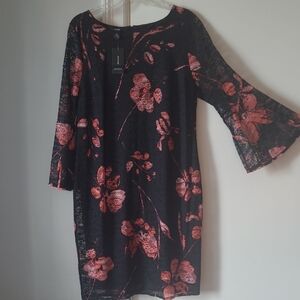Alfani Black and Coral Floral Long Sleeve Dress
